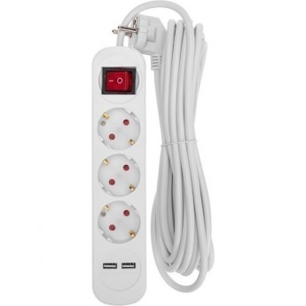 Удлинитель REXANT STANDARD 3 гнезда, 5м, 3х1,0мм², с/з, с выключателем, 2 USB, белый
