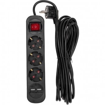 Удлинитель REXANT STANDARD 3 гнезда, 5м, 3х1,0мм², с/з, с выключателем, 2 USB, черный