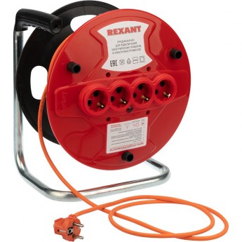 Удлинитель-шнур REXANT ПВС 3х1.0 2200 Вт 20 м 4 гнезда с/з на катушке оранжевый Удлинитель-шнур REXANT ПВС 3х1.0 2200 Вт 20 м 4 гнезда с/з на катушке оранжевый